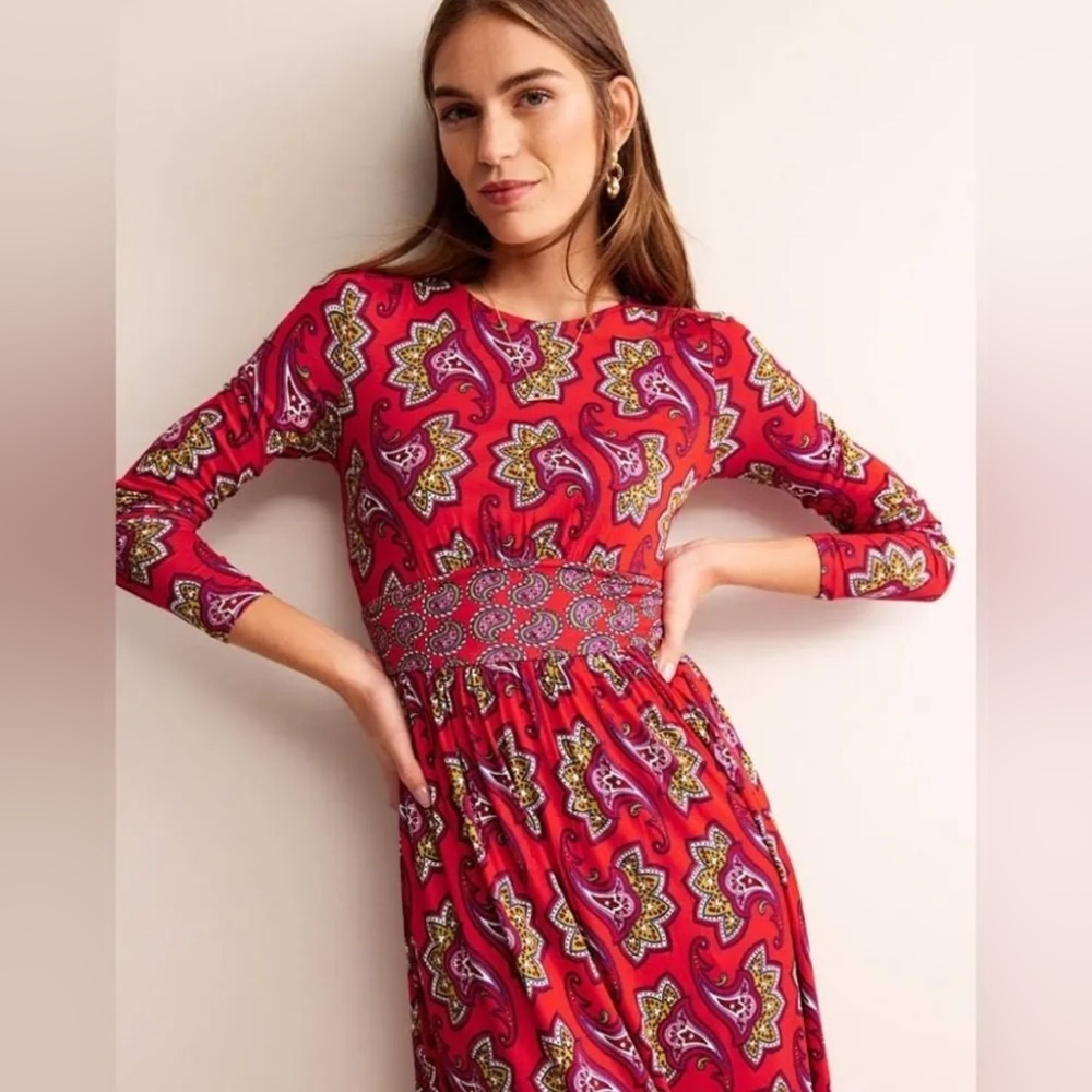 Boden Thea Long Sleeve Jersey Maxi Dress 16/18 Red Paisley - Picture 2 of 10